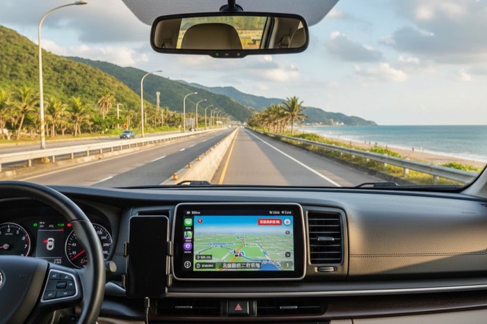 駕駛座視角照片，展示 CarPlay 導航畫面與寬闊視野.jpg